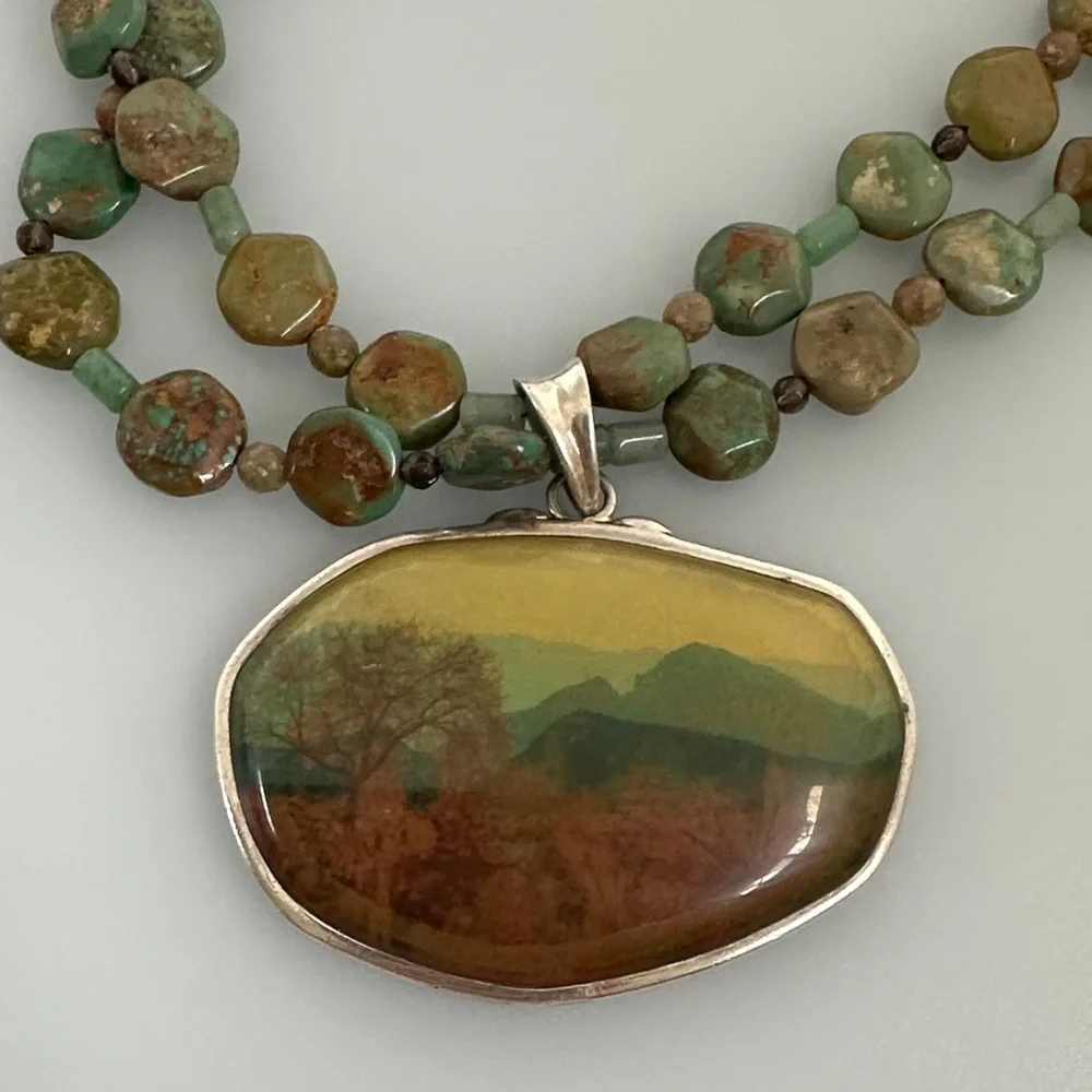 BARSE 925 Sterling Silver  TURQUOISE Bead Necklace with ART Scenic Pendant